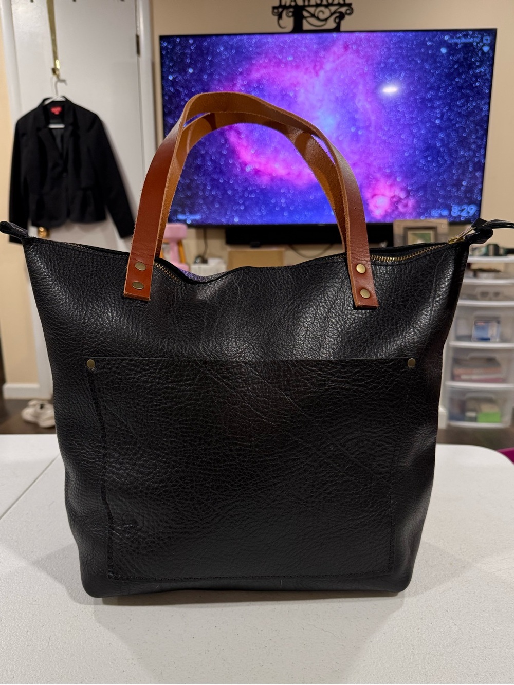 Portland Leather Black Tote with Brown Handles